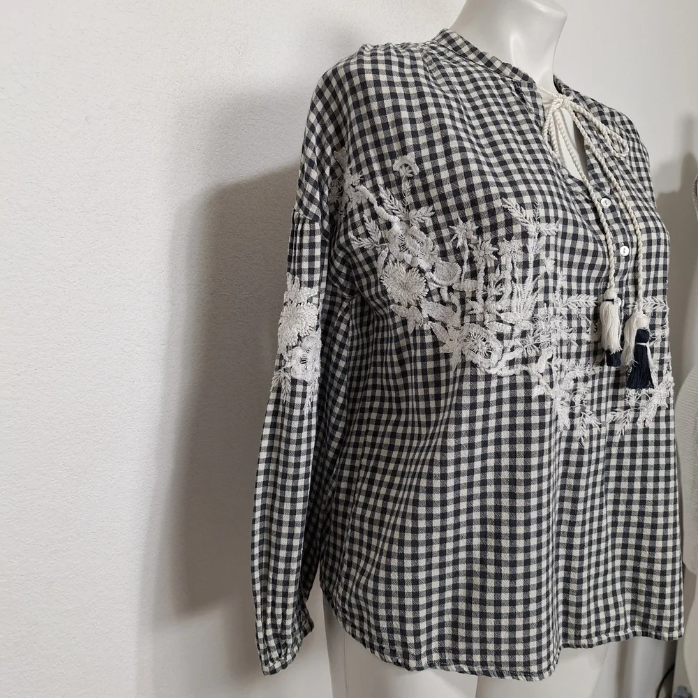 ZARA Trafaluc Gingham Coquette Cottagecore Bohemian Embroidered Babydoll Top M